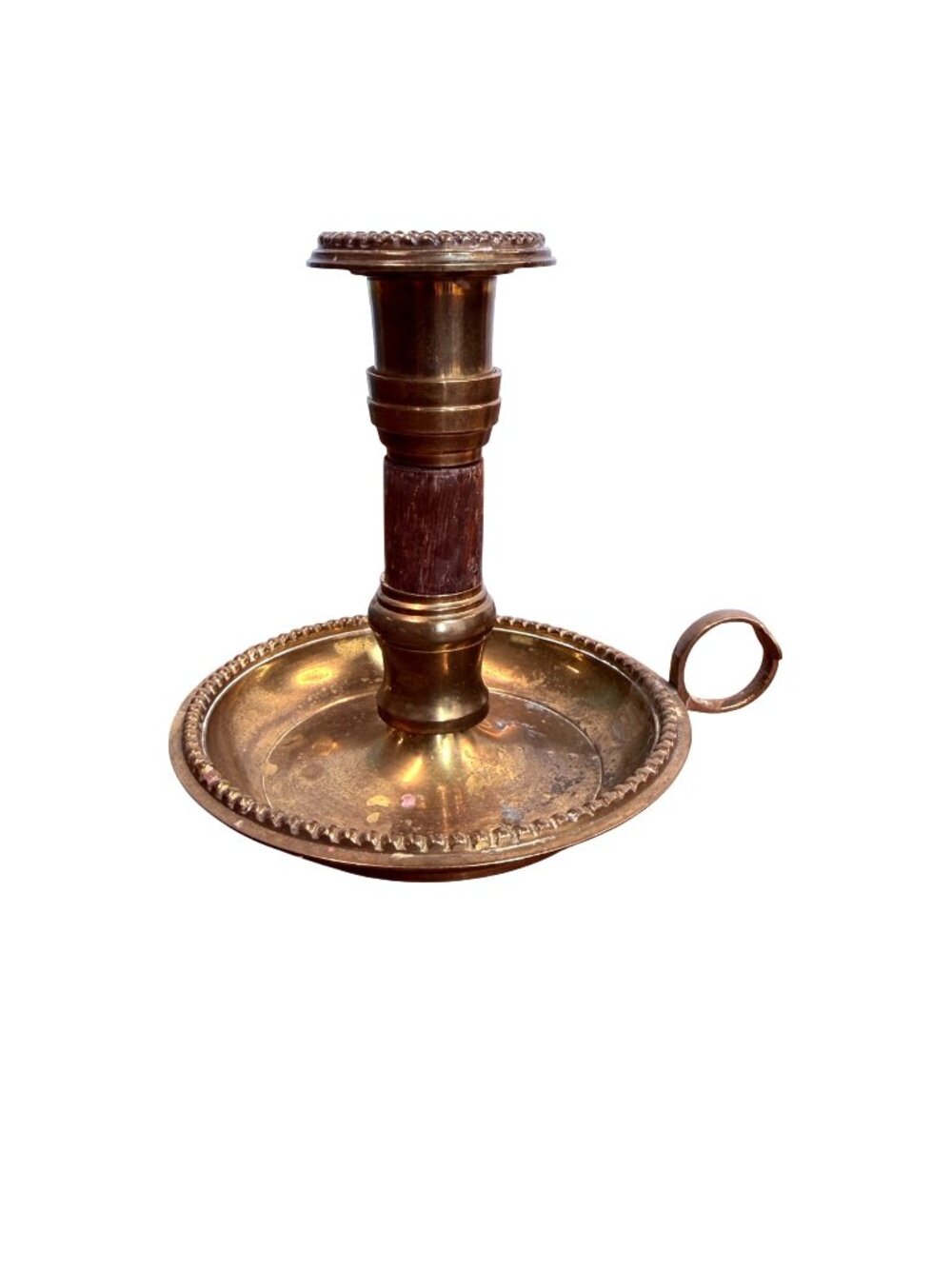 Vintage Brass & Wood Chamberstick Candle Holder With Beaded Edge And Handle